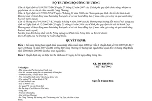 Quyết định 23/2008/QĐ-BCT Bổ sung lượng hạn ngạch thuế quan nhập khẩu muối năm 2008 tại Điều 1 Quyết định 014/2007/QĐ-BCT