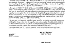 Công văn  1746/BXD-KTXD Áp dụng TT 09/2008/TT-BXD  điều chỉnh giá và hợp đồng xây dựng do biến động giá nguyên liệu, nhiên liệu và vật liệu xây dựng