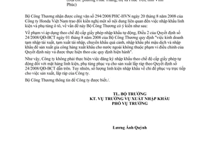 Công văn  7623/BCT-XNK nhập khẩu linh kiện, phụ tùng ô tô