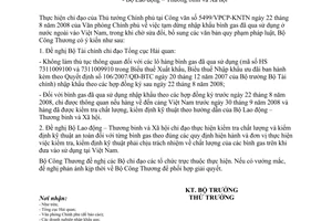 Công văn 7664/BCT-XNK  tạm dừng nhập khẩu bình gas đã qua sử dụng