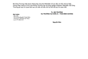 Công văn  6999/BCT-KV1 con dấu và mẫu chữ ký của Phòng Thương mại và Công nghiệp Ichikawa