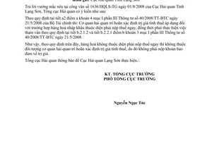 Công văn  3963/TCHQ-KTTT trả lời vướng mắc thực hiện Thông tư 40