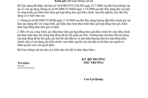 Công văn  145/BXD-KTXD áp dụng TT 09/2008/TT-BXD công trình, gói thầu thực hiện giá hợp đồng theo giá điều chỉnh