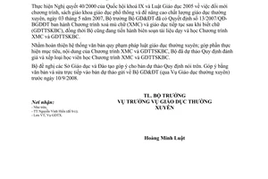 Công văn  7592/BGDĐT-GDTX  góp ý dự thảo Quy định đánh giá và xếp loại học viên học Chương trình xoá mù chữ  và giáo dục tiếp tục sau khi biết chữ