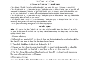 Quyết định 15/2008/QĐ-UBND ủy quyền Ban Quản lý khu công nghiệp tỉnh Hà Nam thực hiện nhiệm vụ quản lý nhà nước lĩnh vực xây dựng môi trường lao động