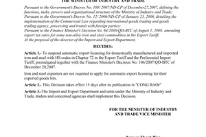 Decision No. 30/2008/QD-BCT of August 22, 2008, suspending automatic export licensing for iron and steel.