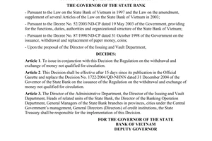 Decision No. 24/2008/QD-NHNN of August 22, 2008, on the issuance of the regulation on the withdrawal and exchange of money not qualified for circulation.