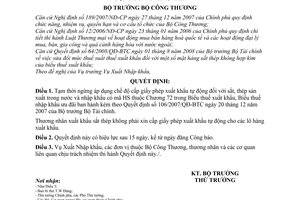 Quyết định 30/2008/QĐ-BCT  tạm thời ngừng áp dụng chế độ cấp giấy phép xuất khẩu tự động đối với sắt, thép