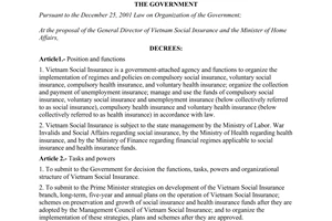 Decree No. 94/2008/ND-CP of August 22, 2008, defining the functions, tasks, powers and organizational structure of Vietnam social insurance.