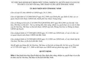 Quyết định 124/2008/QĐ-UBND chức năng nhiệm vụ quyền hạn Sở Văn hóa Thể thao Du lịch Bắc Ninh