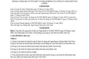 Nghị định 95/2008/NĐ-CP tổ chức hoạt động công ty cho thuê tài chính sửa đổi Nghị định 16/2001/NĐ-CP