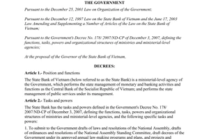 Decree No. 96/2008/ND-CP of August 26, 2008, defining the functions, tasks, powers and organizational structure of The State Bank of Vietnam.