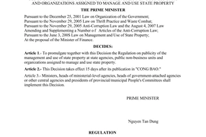 Decision No. 115/2008/QD-TTg of August 27,2008, promulgating the regulation on publicity of the management and use of state property at state agencies, public non-business units and organizations assigned to manage and use state property.