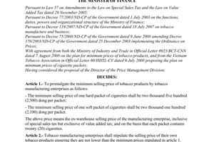 Decision No. 69/2008/QD-BTC of August 27, 2008, promulgating minimum selling price of cigarettes