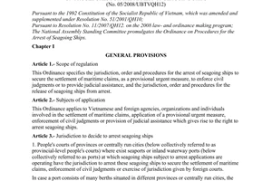 Ordinance No. 05/2008/UBTVQH12 of August 27, 2008, on procedures for the arrest of seagoing ships.