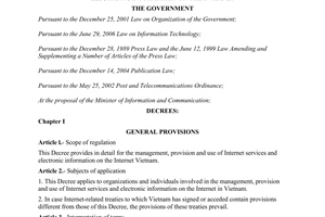 Decree  No. 97/2008/ND-CP of August 28, 2008, on the management, provision and use of internet services and electronic information on the internet.