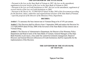 Decision No. 1906/QD-NHNN of August 29, 2008, on the base interest rate in Vietnam dong