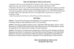 Decision No. 1907/QD-NHNN of August 29, 2008, on the interest rate applicable to the required reserve deposit in Vietnamese dong of credit institutions