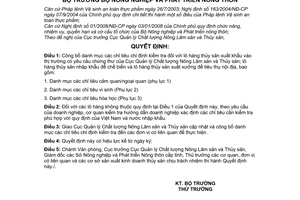 Quyết định 2670/QĐ-BNN-QLCL công bố danh mục các chỉ tiêu chỉ định kiểm tra lô hàng thủy sản