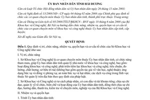 Quyết định 40/2008/QĐ-UBND chức năng nhiệm vụ Sở Khoa học công nghệ Hải Dương
