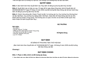 Quyết định 15/2008/QĐ-BGTVT quy định về đăng ký phương tiện thủy nội địa