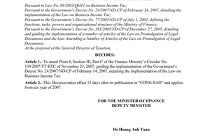 Decision No. 62/2008/QD-BTC of August 1, 2008, annulling point 8, section III, part C of the Finance Ministry’s Circular No. 134/2007/TT-BTC of November 23, 2007