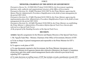 Decision No. 994/QD-VPCP of August 01, 2008, on task allocation for the director and deputy directors of the Prime Minister’s Administrative Procedures reform special task force