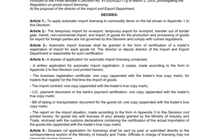 Decision No. 24/2008/QD-BCT of August 1, 2008, on the application of automatic import licensing to some commodity items.