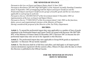 Decision No. 67/2008/QD-BTC of August 5, 2008, amending import duty rates applicable to a number of lines of goods on the preferential import tariff list.