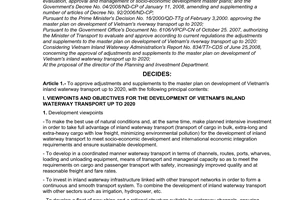 Decision No. 13/2008/QD-BGTVT of August 6, 2008, approving adjustments and supplements to the master plan on development of Vietnam's inland waterway transport up to 2020.