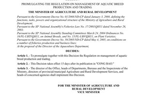 Decision No. 85/2008/QD-BNN of August 6, 2008, promulgating the regulation on management of aquatic breed production and trading.