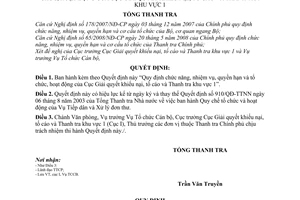 Quyết định 1584/2008/QĐ-TTCP Quy định chức năng, nhiệm vụ, quyền hạn và tổ chức, hoạt động của Cục Giải quyết khiếu nại, tố cáo và Thanh tra khu vực 1