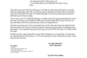 Công văn 10458/BTC-ĐT tạm ứng, tạm thanh toán tiền bù chênh lệch giá vật liệu xây dựng