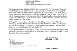 Công văn 1556/TTg-KTN áp dụng chính sách hỗ trợ di chuyển tạm đối với hộ tái định cư di chuyển khỏi thị xã Mường Lay