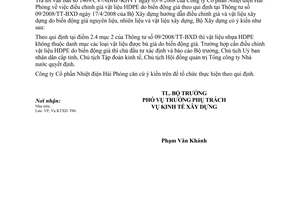 Công văn  191/BXD-KTXD Hướng dẫn thực hiện TT 09/2008/TT-BXDđiều chỉnh giá vật liệu HDPE