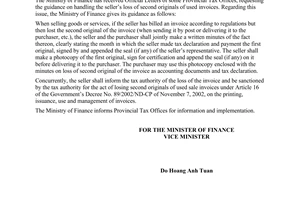 Official Dispatch No. 11520/BTC-TCT of September 29, 2008, seller’s loss of second original of used invoices