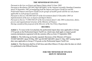 Circular No. 76/2008/QD-BTC of September 11, 2008, issuing import duty rates applicable to group 2710 goods on the preferential import tariff list.