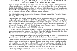 Thông báo 240/TB-VPCP ý kiến Thủ tướng Nguyễn Tấn Dũng họp thường trực chính phủ kết quả rà soát đồ án quy hoạch dự án mở rộng đầu tư thành phố Hà nội