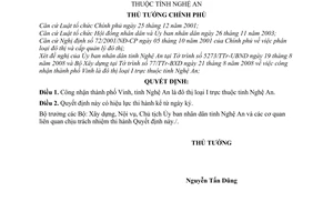 Quyết định 1210/QĐ-TTg công nhận thành phố Vinh, tỉnh Nghệ An là đô thị loại I trực thuộc tỉnh Nghệ An