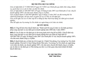 Quyết định 1938/QĐ-BTC công bố danh sách bổ sung tổ chức tư vấn định giá được phép cung cấp dịch vụ xác định giá trị doanh nghiệp năm 2008
