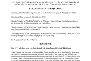 Quyết định 39/2008/QĐ-UBND nhiệm vụ quyền hạn cơ cấu tổ chức bộ máy Ban Quản lý khu công nghiệp Hậu Giang