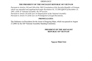 Order No. 17/2008/L-CTN of September 10, 2008, on the promulgation of Ordinance on Procedures for the Arrest of Seagoing Ships.