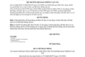 Quyết định 2755/QĐ-BGTVT Quy chế hoạt động của Ban Chỉ đạo về xây dựng và thực hiện Quy chế dân chủ ở cơ sở Bộ Giao thông vận tải
