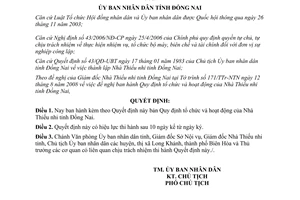 Quyết định 52/2008/QĐ-UBND tổ chức hoạt động Nhà Thiếu nhi Đồng Nai
