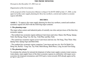 Decision No. 1251/QD-TTg of September 12,2008, approving the water supply planning for three key northern, central and southern economic regions till 2020.
