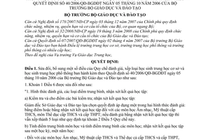 Quyết định 51/2008/QĐ-BGDĐT bổ sung Quy chế đánh giá, xếp loại học sinh trung học cơ sở và học sinh trung học phổ thông kèm QĐ 40/2006/QĐ-BGDĐT