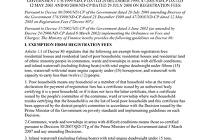 Circular No. 79/2008/TT-BTC of September 15, 2008, providing guidelines for implementation of Decrees of the Government 176/1999/ND-CP of December 29th, 1999, 47/2003/ND-CP of May 12th, 2003 and 80/2008/ND-CP July 29th, 2008 on registration fees.