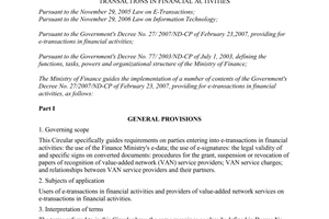 Circular No. 78/2008/TT-BTC of September 15, 2008, guiding the implementation of a number of contents of the Government's Decree No. 27/2007/ND-CP of February 23, 2007, on e-transactions in financial activities.