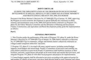 Joint circular No. 01/2008/TTLT-UBDT-KHDT-TC-XD-NNPTNT of September 15, 2008, guiding the implementation of the program on socio-economic development in special difficulty-hit communes in ethnic minority and mountainous areas in the 2006-2010 period.