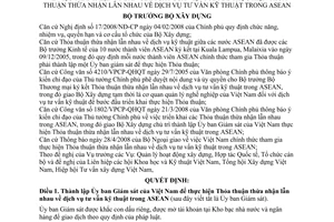 Quyết định 1128/QĐ-BXD thành lập Ủy ban giám sát của Việt Nam để thực hiện thỏa thuận thừa nhận lẫn nhau về dịch vụ tư vấn kỹ thuật trong Asean